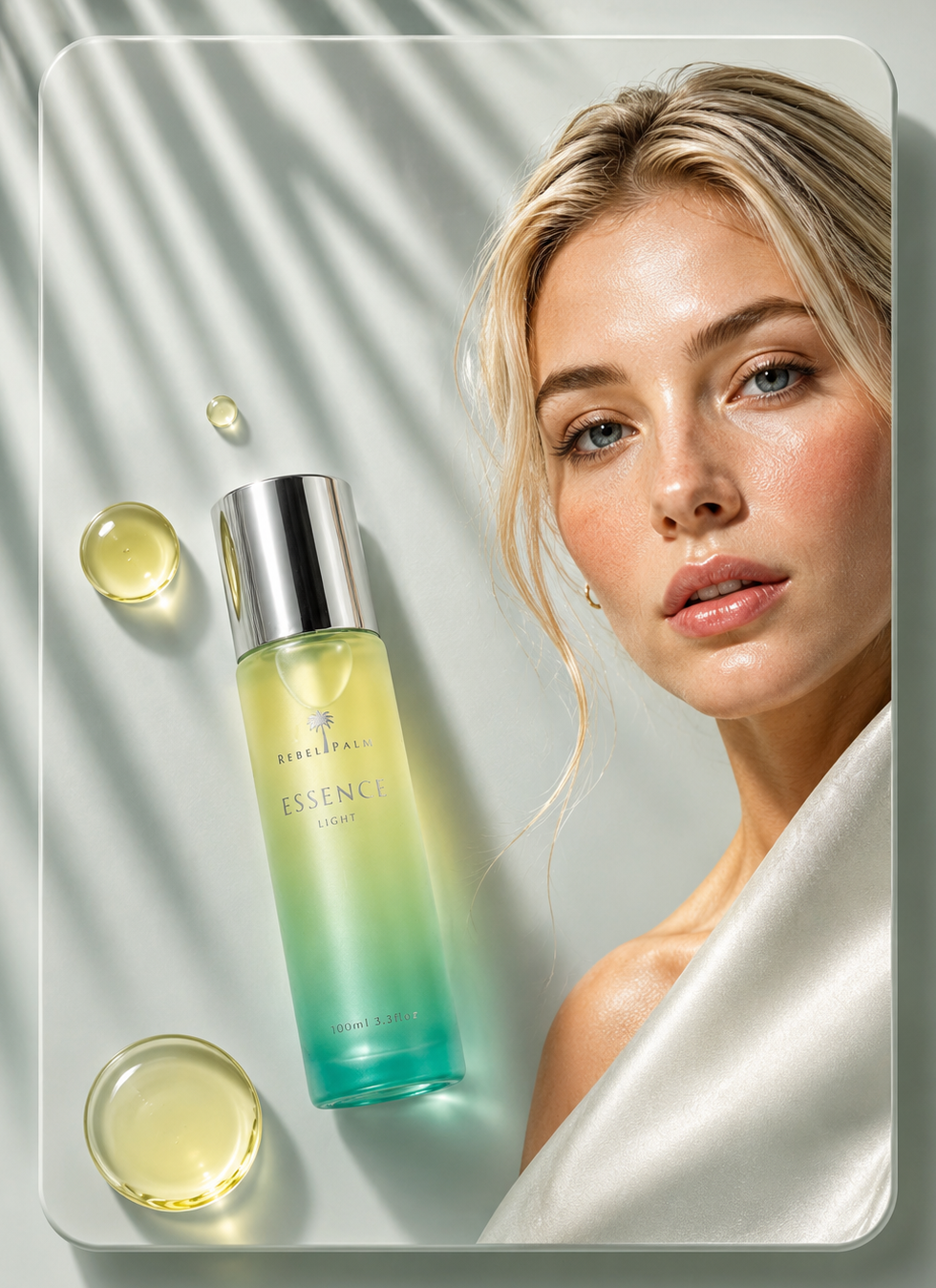 Skincare product with a woman's face in the background