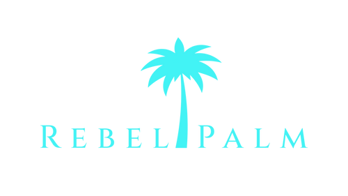 Logo of Rebel Palm with a blue palm tree on a white background
