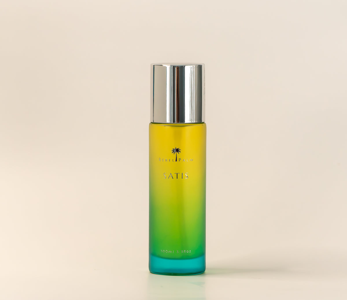 Rebel Palm Satis Post-Shower Body Oil – yellow to green gradient glass bottle with silver cap, 100ml