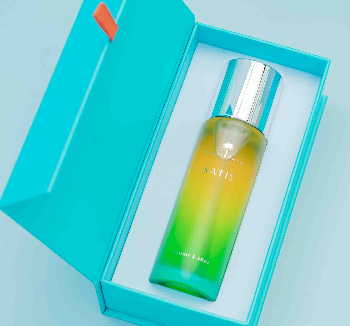 Rebel Palm Satis Post-Shower Body Oil 100ml lying in open teal gift box, overhead view