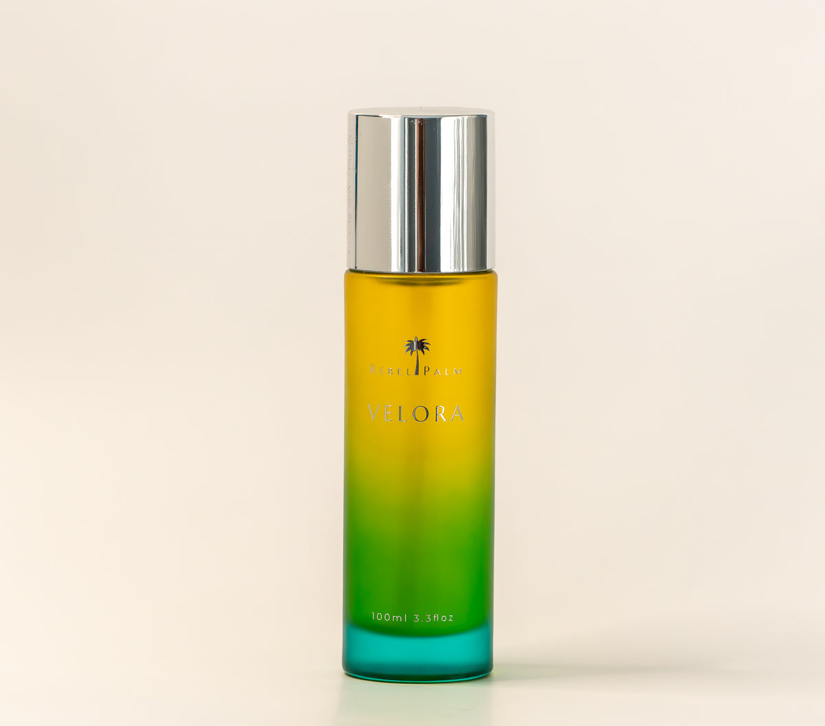 Rebel Palm Velora Night Body Oil – yellow to green gradient glass bottle with silver cap, 100ml